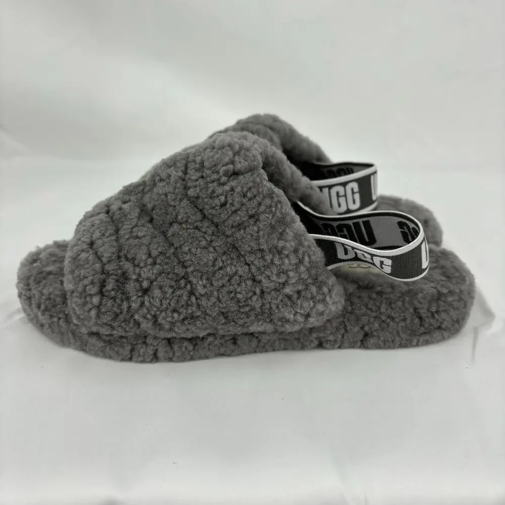 UGG Fluff‎ Yeah Slide Slippers Kids Size 3 Charcoal Gray Sheepskin Rubber Sole